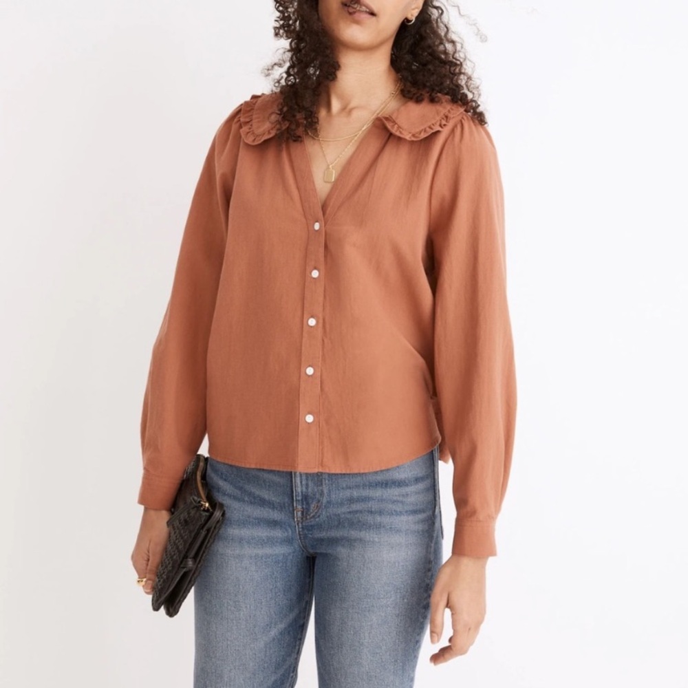 NWT Madewell Ruffle Collar Button Up Women's 14 &  16 Plus Size Umber Blouse Top